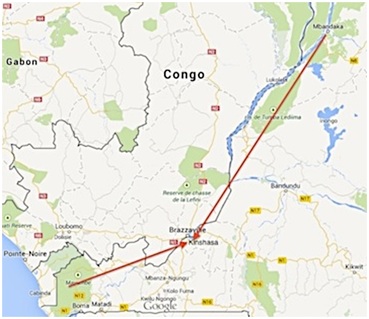 Map 1: Dealers indicated that the two main sources for great apes were the Mayombe Forest in the west and Equateur Province to the northeast, with Mdandaka being the staging point for shipment down the Congo River