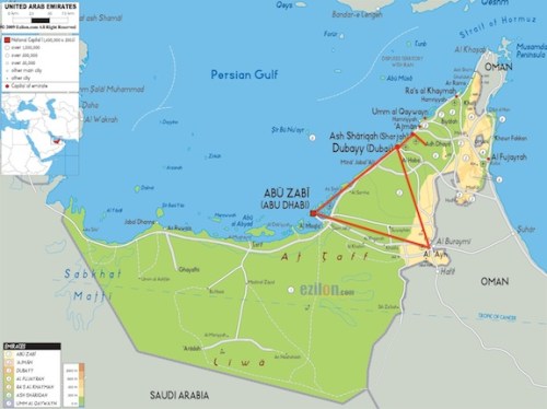 Map of the UAE. The red line shows the places that PEGAS visited.