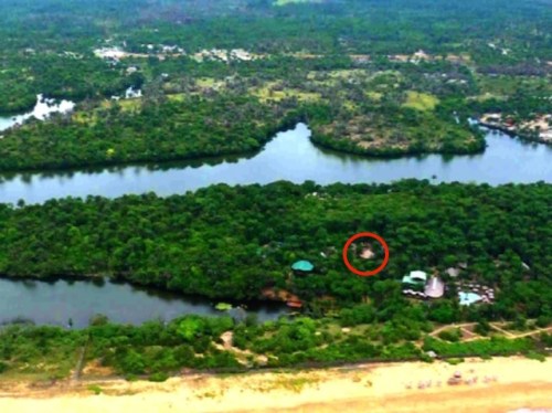 An aerial photo of the Libassa Ecolodge, located in the lower right. The red circle indicates the location of the sanctuary. (Courtesy Libassa Ecolodge)