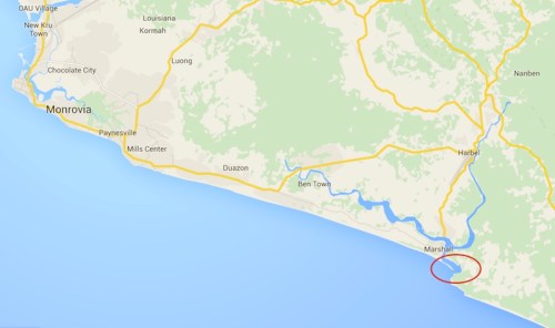 Map showing the location of Monrovia and the chimpanzee islands in the red oval.