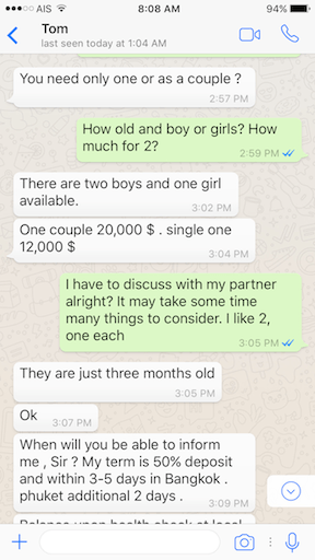 Tom asked USD 20,000 for the two orangutan babies. Nick agreed.