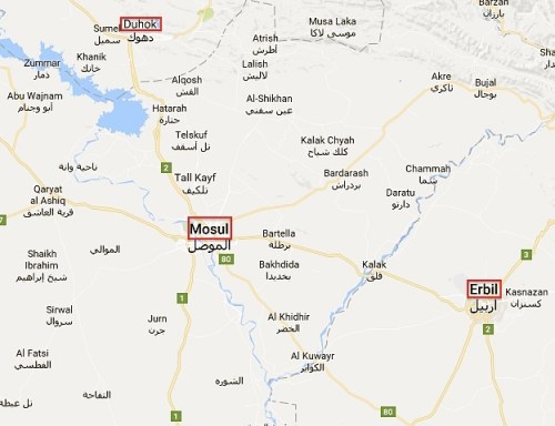 Duhok is perilously close to Mosul, where fierce fighting is taking place. Manno left for Kenya from Erbil airport.